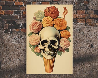 Death Bouquet, Framed Canvas Print, Skull and Flowers, Macabre Art, Dark Academia