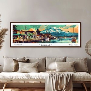 Tacoma Washington Panoramic Painting, Mid Century Modern Framed Canvas Print, Retro Pop Art Travel Poster, Wall Decor, Gift Idea