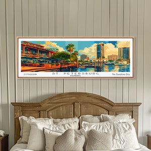 St. Petersburg Florida Panoramic Painting, Mid Century Modern Framed Canvas Print, Retro Pop Art Travel Poster, Wall Art, Home Decor
