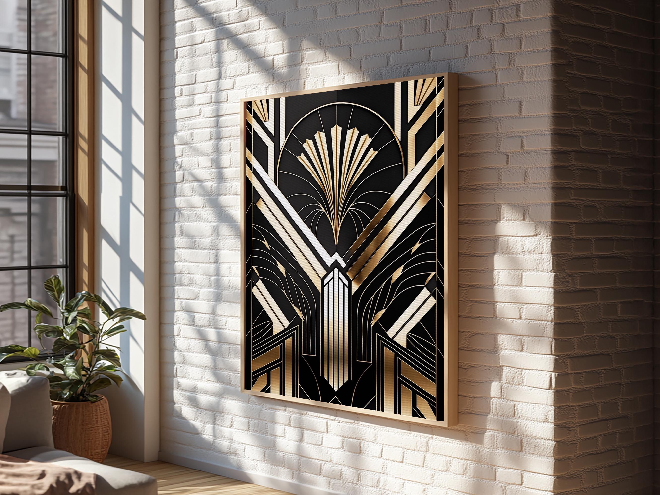 Art Deco Framed Canvas Print: Gold & Black Abstract Wall Art