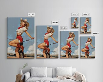 Vintage Cowgirl Pin-up Art Print, Retro Western Framed
