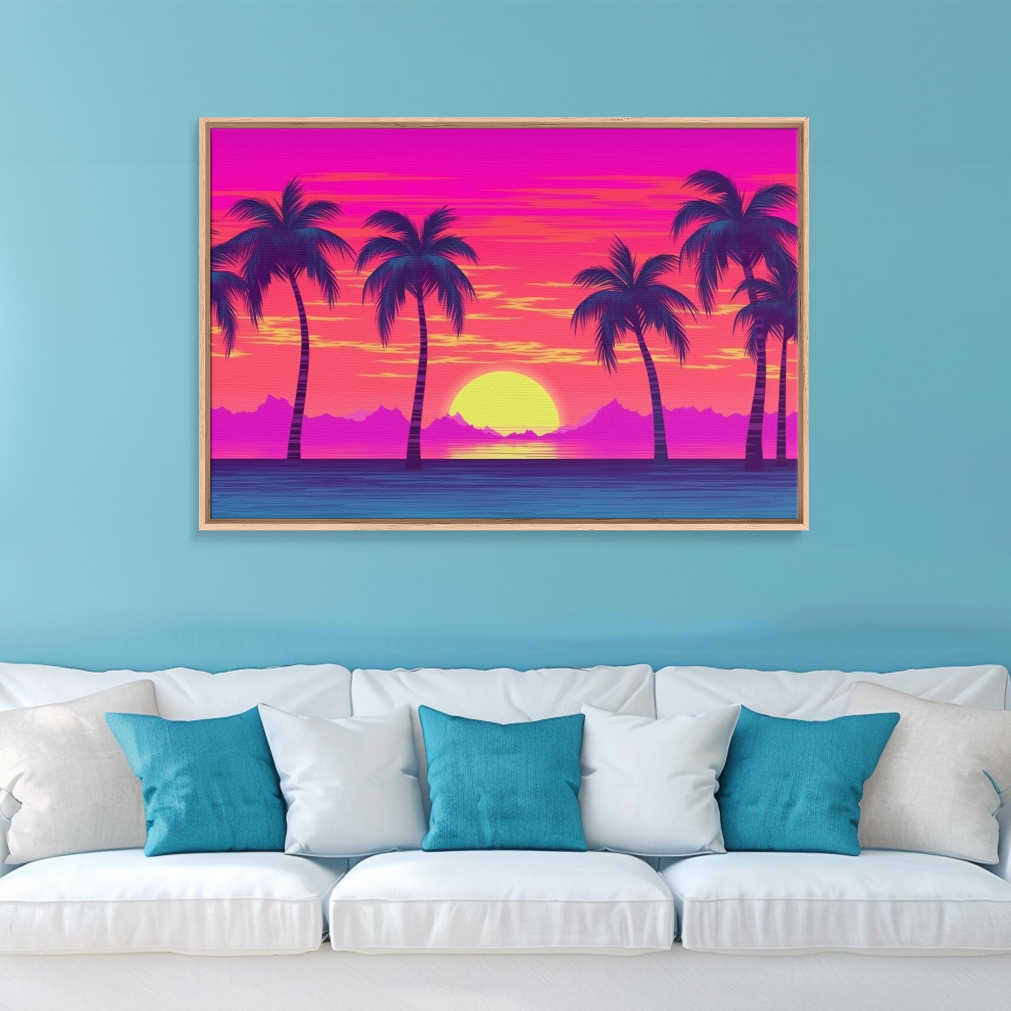 Synthwave Beach Sunset Canvas Print: Tropical Pop Art Wall Decor