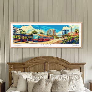 Tampa Florida Panoramic Wall Art, Retro Pop Art Framed Canvas Print, Mid Century Modern Travel Poster, Living Room Decor, Wall Hanging