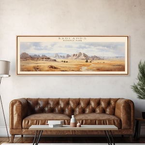 Badlands National Park Panoramic South Dakota Travel Art, National Park Print, Minimalist Travel Art, Subdued Watercolor Painting Panoramic