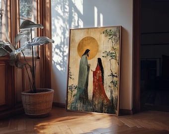 Noli Me Tangere Christ and Mary Magdalene Framed Canvas Print - Peaceful Nihonga Wabi Sabi Christian Wall Art Large Resurrection Scene Livi