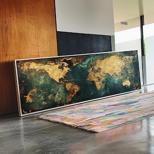Gold World Map Framed Canvas Print: Modern Abstract Wall Art
