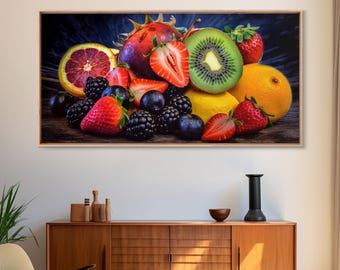 Fruits Canvas Print: Kitchen Food Art, Berries & Kiwi, Panoramic Wall Decor