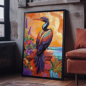 Bird, Tropical, Nature, Colorful, Framed Canvas Print, Exotic bird painting with vivid feathers, ideal eclectic living room wall art