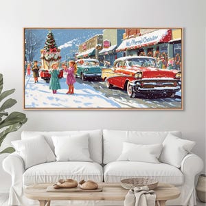 Christmas Parade Street Framed Canvas Print, Vintage Holiday Decor, Retro Christmas Scene Art, Best Gift Christmas Decor, Holiday Wall Art