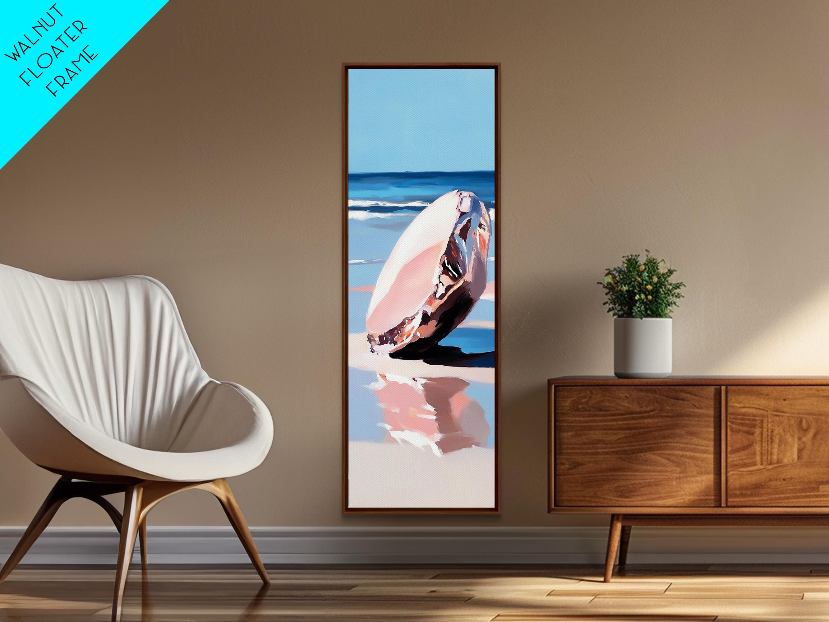 Seashell, Ocean, Beach Art, Coastal, Minimalist, Blue, White, Natural Decor, Modern Home, Bathroom, Framed Canvas Print