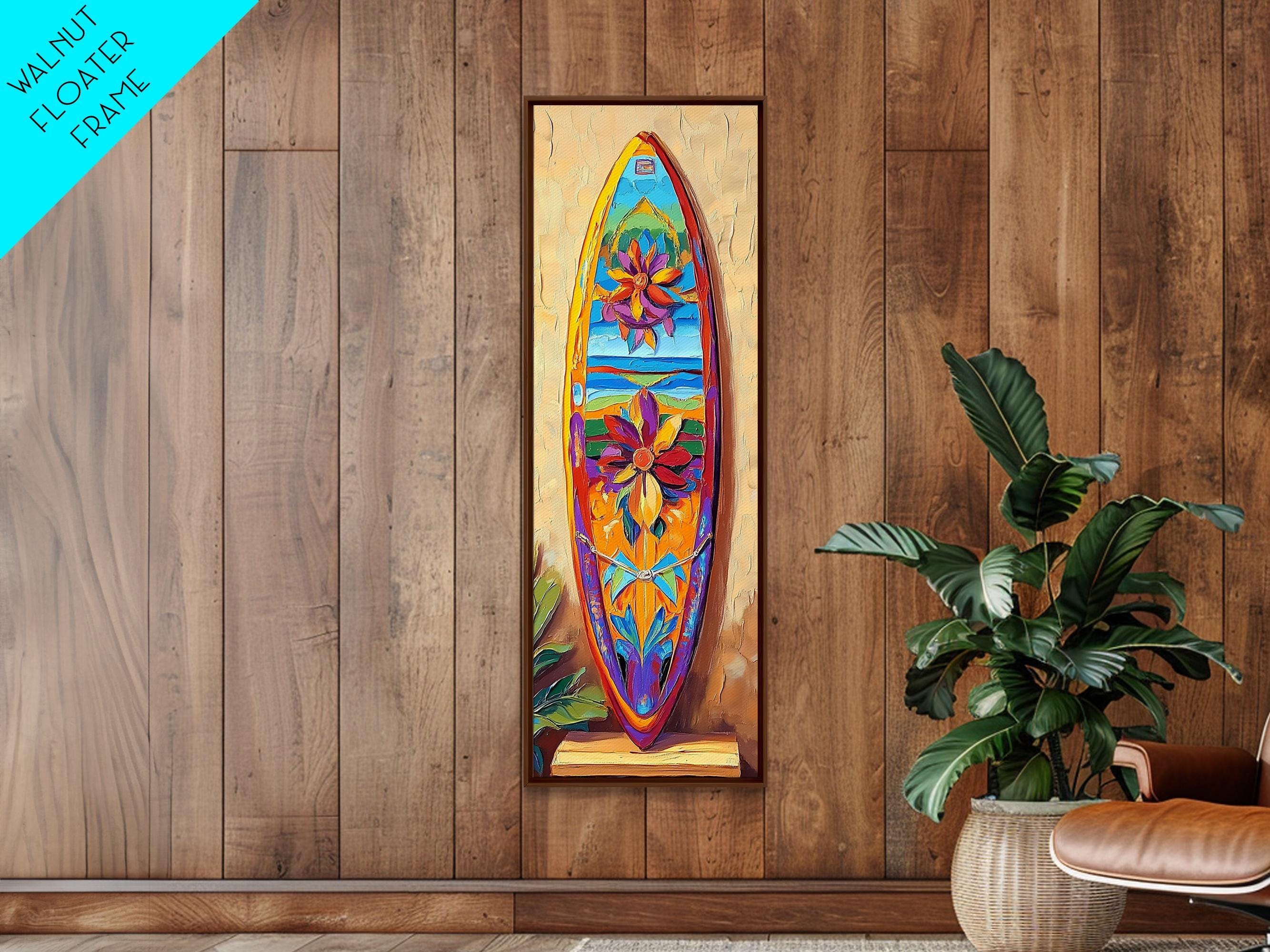 Floral Surfboard Canvas Print: Bright Tropical Beach House Wall