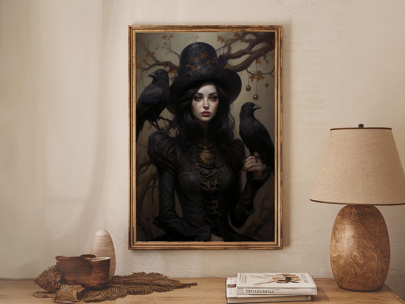Witch and Ravens Framed Canvas: Gothic Halloween Art image 15