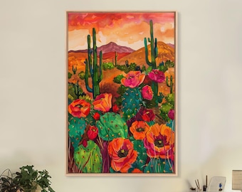 Southwest Desert Canvas Print: Cacti and Wildflowers Landscape