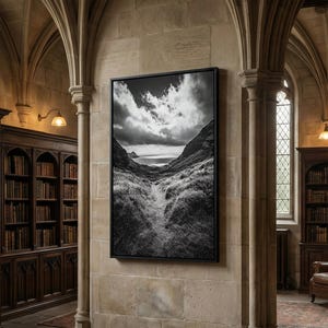 Highland Ocean Trail, Dramatic Clouds, Monochrome Nature, Canvas Print, Office Wall Art, Adventure Landscape, Rustic Home Decor