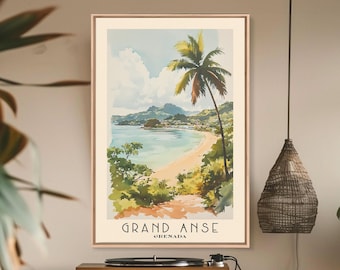 Grand Anse, Grenada Watercolor Beach Print, Vacation Gift, Grenada Wall Art, Framed Canvas Print, Framed Beach Painting
