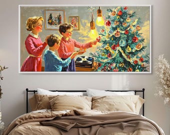 Retro Family Christmas Tree Decorating Framed Canvas Print