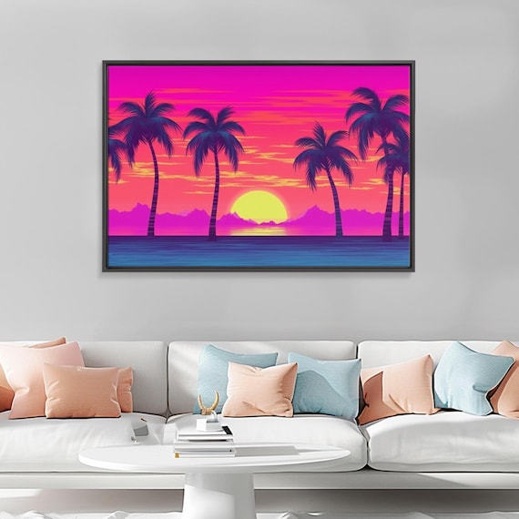 Synthwave Beach Sunset Canvas Print: Tropical Pop Art Wall Decor