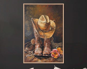 Cowboy Boots and Hat Art: Rustic Western Framed Canvas Print