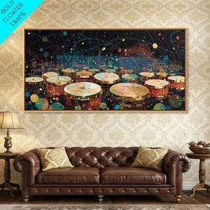 Futuristic Afro Drums Under Cosmic Orbits Canvas Print, Modern African Art, Music Room Decor, Afrofuturism Decor, Bold Art