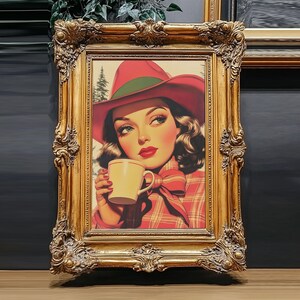 Retro Christmas holiday art framed canvas print a stylish woman with coffee holiday wall art perfect for vintage Christmas home decor
