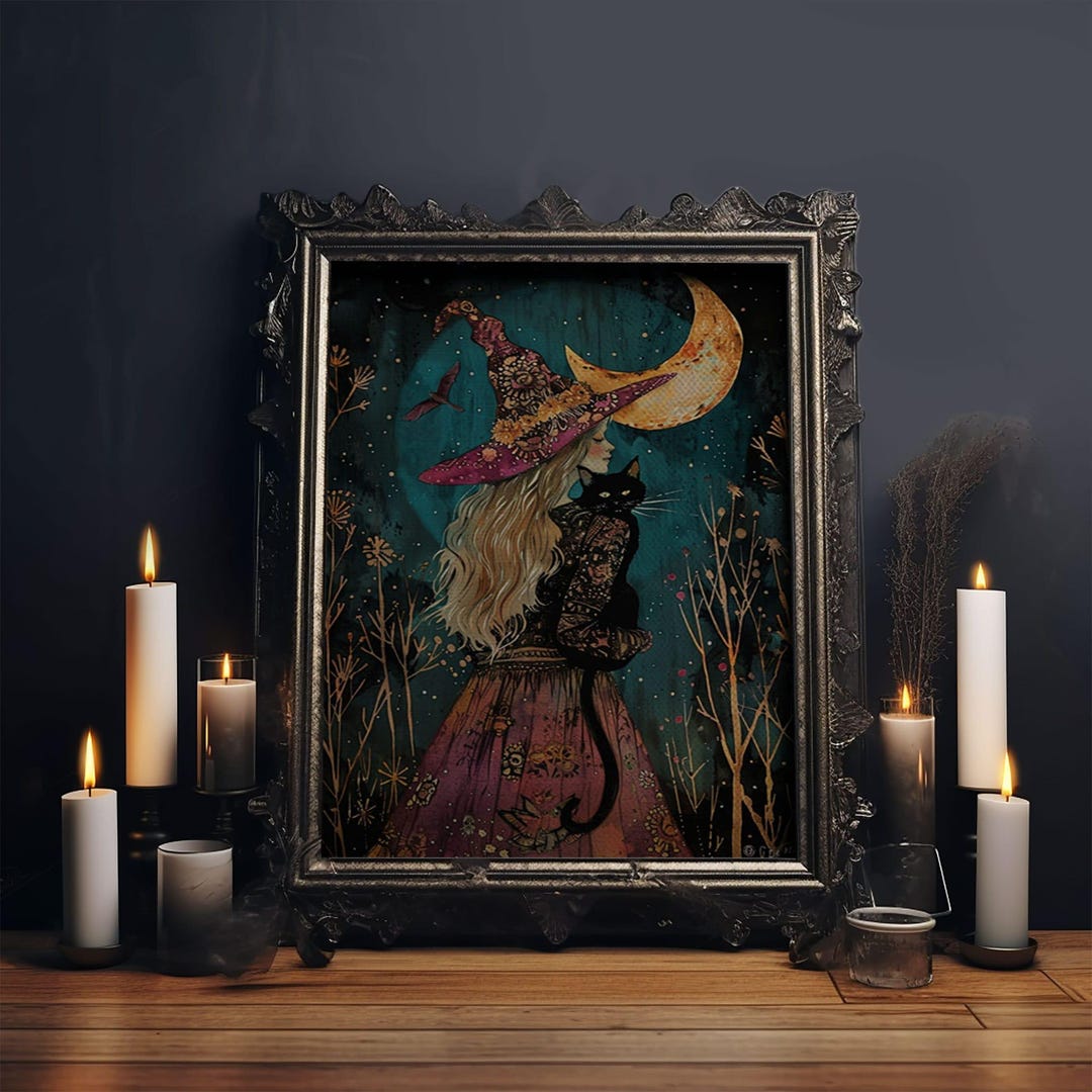 Witch and Black Cat Framed Canvas Print: Spooky Halloween Wall Art ...