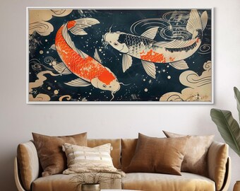 Koi Fish Canvas Print: Lotus Pond Zen Art - Framed Kitsch Decor