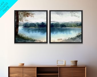 Blue Lake Canvas Print Set: Framed Lake House Wall Art
