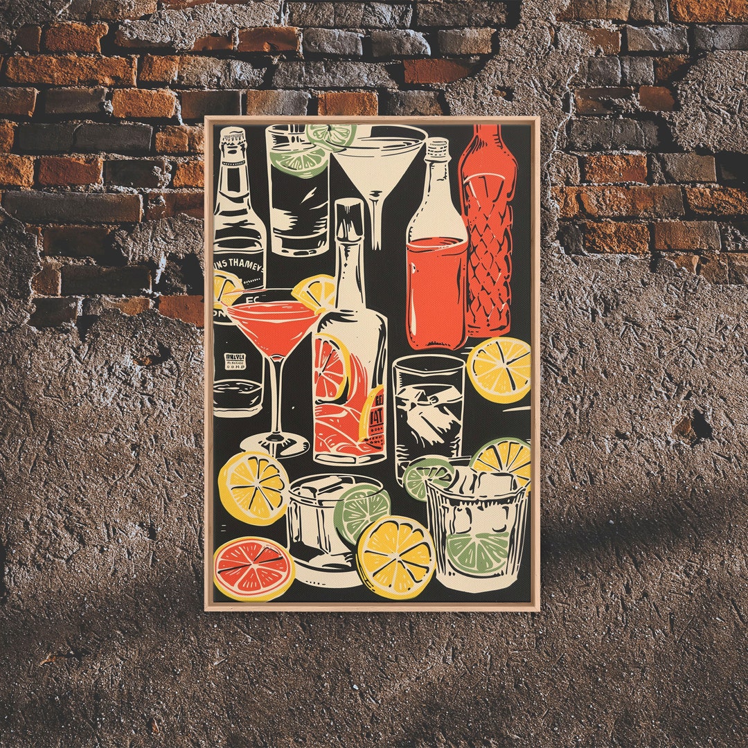 Retro 70s Style Cocktail Print, Framed Canvas Art, Bar Cart Print, Bar Decor, Cute Cocktails
