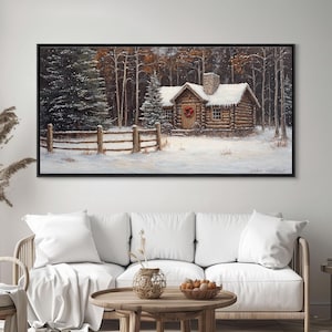 Snowy Log Cabin Framed Canvas Print: Rustic Winter Wonderland Art