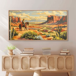 Cowboy Overlooking Desert Canyon, Framed Canvas Print for Rustic Living Room Decor, Western Wall Art, Home and Bedroom Decoration