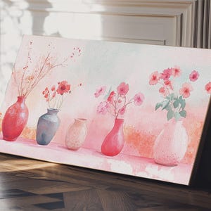 Floral Vases Canvas Print Light Pink Wall Art Rustic Wall Art Cottagecore Decor Whimsical Art Botanical Prints Bedroom Artwork