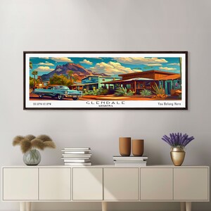 Glendale Arizona Panoramic Painting Framed Canvas Print, Mid Century Modern Art, Pop Art Style, Travel Poster, Wall Art Decor