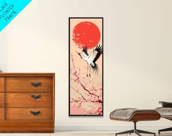 Crane & Red Sun Ukiyo-e Framed Canvas Print: Japanese Art