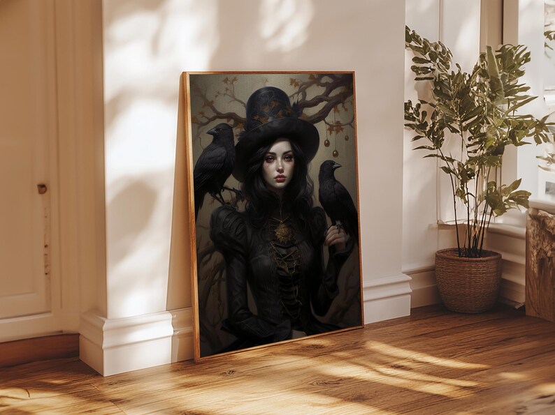 Witch and Ravens Framed Canvas: Gothic Halloween Art image 16