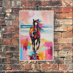Horse on Beach in Bold Colors Framed Canvas Print - Beach Horse Wall Art, Colorful Living Room Decor, Bedroom Art, Coastal Equestrian Art