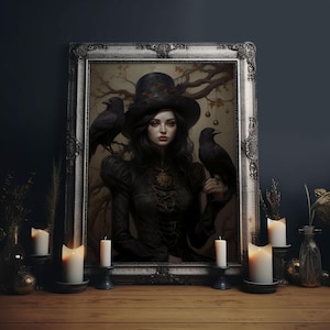 Witch and Ravens Framed Canvas: Gothic Halloween Art image 1