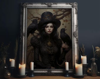 Witch and Ravens Framed Canvas: Gothic Halloween Art