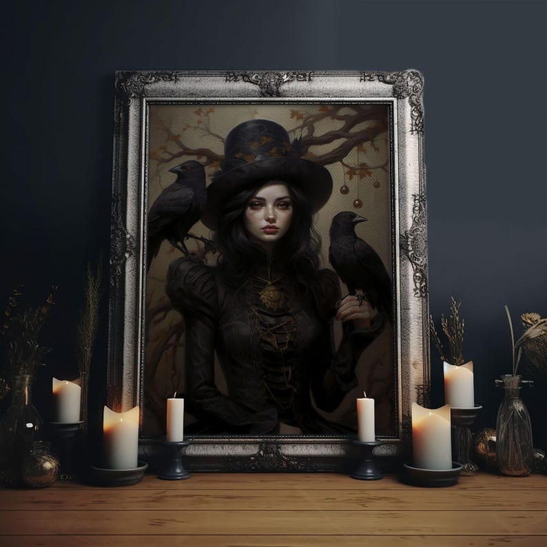 Witch and Ravens Framed Canvas: Gothic Halloween Art image 1