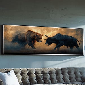 Bull and Bear Canvas Print: Moody Wildlife, Rustic Industrial Wall Art