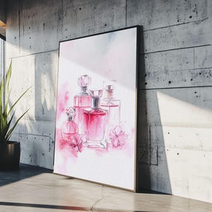 Elegant Pink Perfume Bottles Framed Canvas Print, Feminine Bathroom Art Light Pink Decor, Whimsical Gift Idea for Her Room