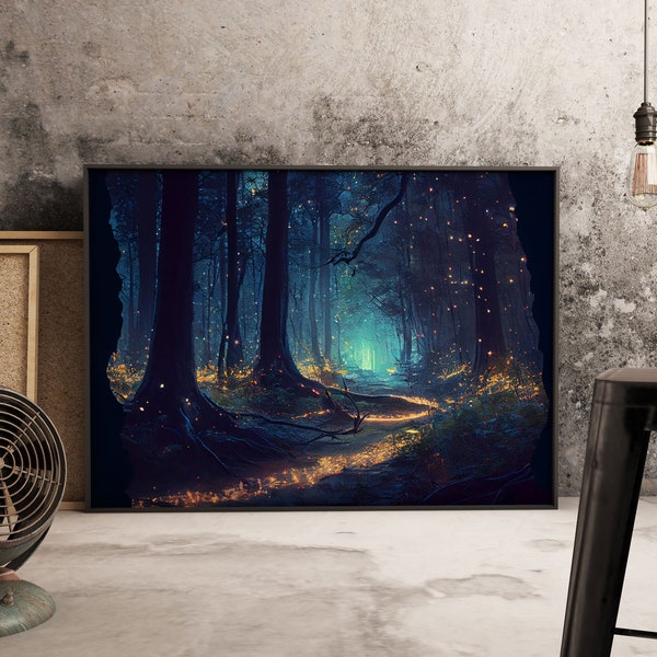 Night In The Forest Woods Path Of Fireflies Fine Art Print, Wall Poster, Wall Art Print, Wall Decor