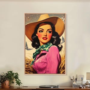 Retro Christmas framed canvas print festive cowgirl in a snowy landscape perfect holiday wall art or vintage Christmas home decor gift idea