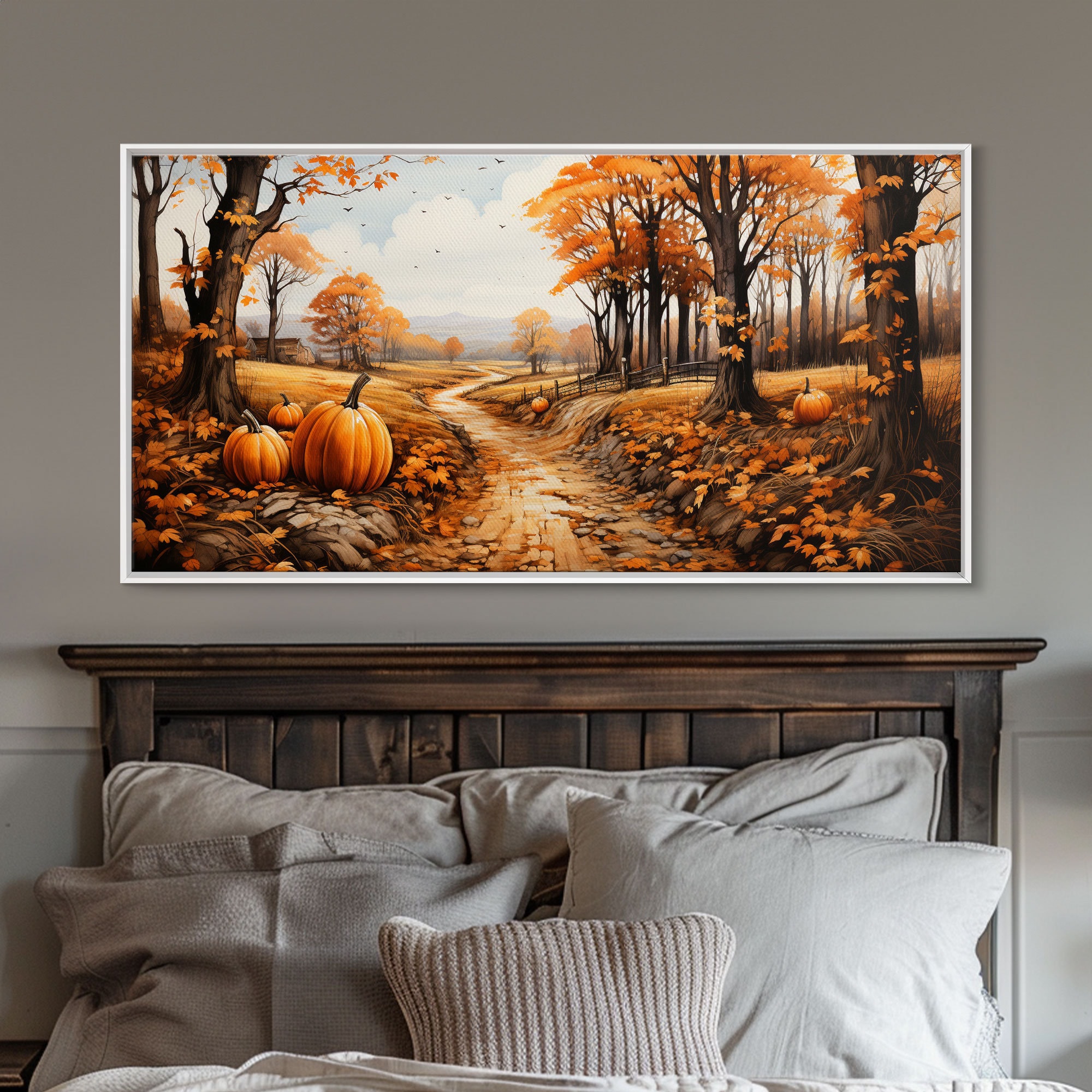 Pumpkin Wall Art, Fall Wall Decor, Nature Art, Trees Art, Canvas Print, Wall Hanging, Panoramic Art, Country Home Decor, Office Prints