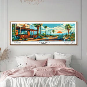 Laredo Texas Panoramic Wall Art, Pop Art Framed Canvas Print, Mid Century Modern Home Decor, Retro Style Travel Poster
