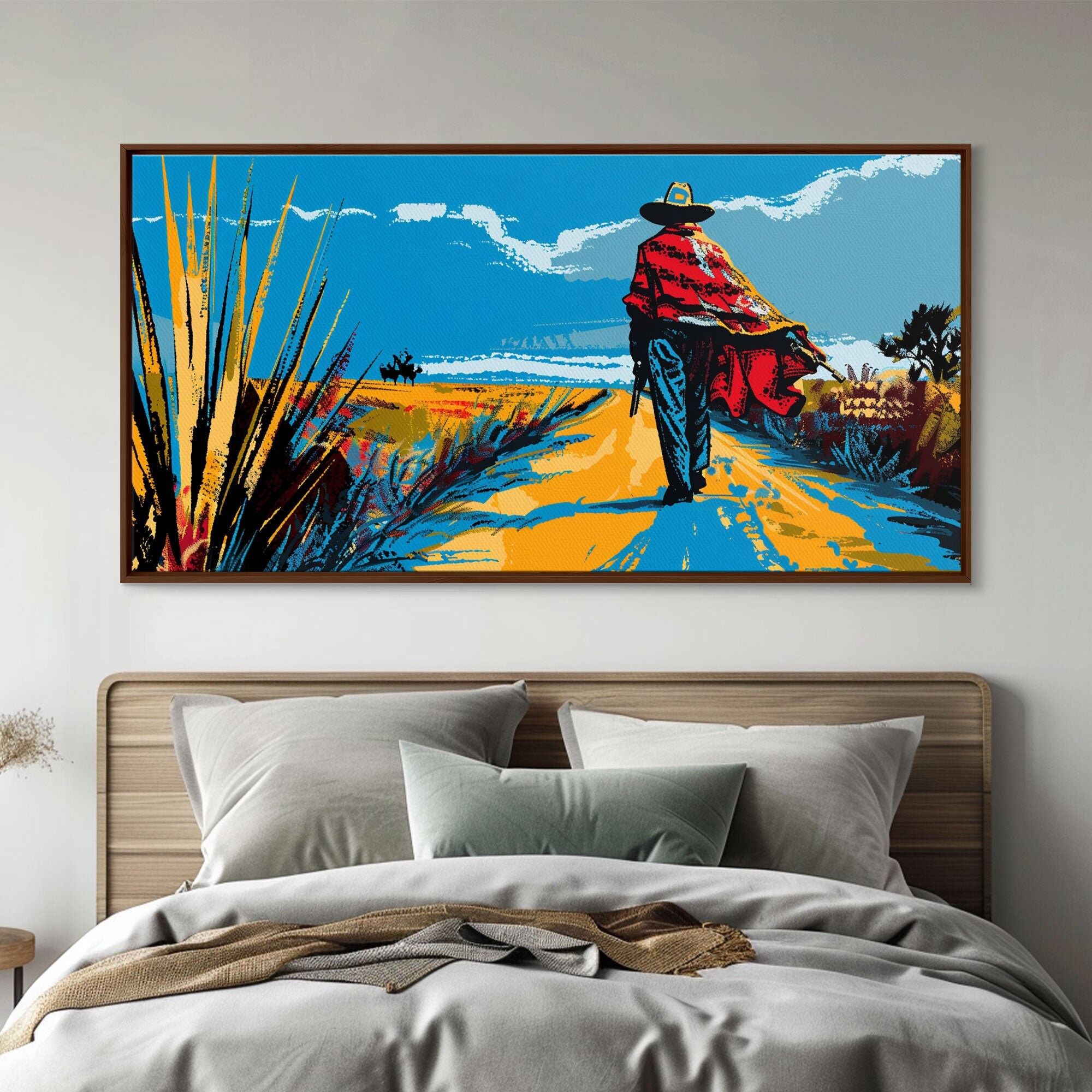 Cowboy Walking Down Desert Road, Perfect Minimalist Art, Framed Canvas Print, Boho Living Room Decor, Western Home Decoration