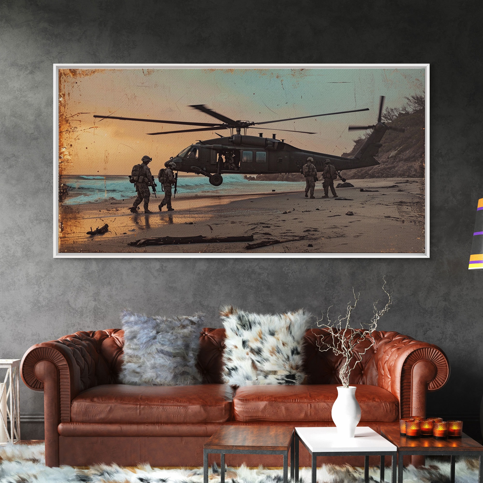 Blackhawk Helicopter Beach Extraction, Pop Art, Framed Canvas Print, Wall Art, Military Artwork, Mancave or Office Decor, Ready To Hang