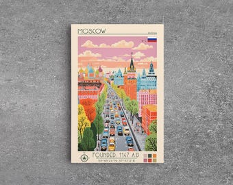 Moscow Russia Travel Poster Framed Canvas Print, Midcentury Modern
