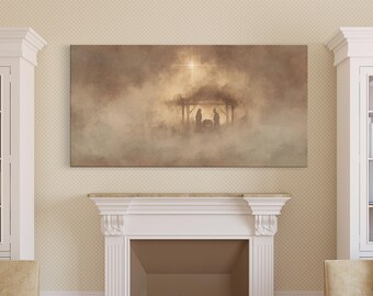 May include: A rectangular canvas print depicting a nativity scene. The artwork features a warm, sepia-toned color palette with a bright star above a silhouette of a stable. The scene is shrouded in a misty atmosphere, creating a serene and spiritual ambiance.