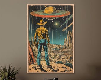 Cosmic Cowboy Canvas Art: Retro Futuristic Western Print