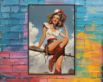 Classic Cowgirl Pin-up Art Print, Vintage Western Framed